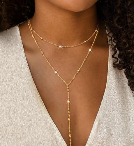 iF YOU Lariat Gold Long Necklaces for Women Trendy, Dainty 14K Gold Plated Drop Chain Necklace, Layered Rosary Beaded Y Necklaces Summer Beach Jewelry Gifts - color: Long beaded necklace-GLD