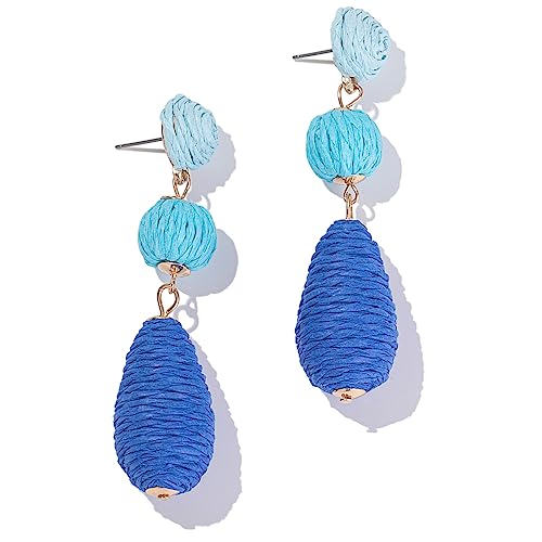 Boho Raffia Earrings Statement Dangle Earrings Cute Teardrop Ball Earrings Colorful Summer Jewelry Handmade Rattan Earrings for Women - color: 3Blue