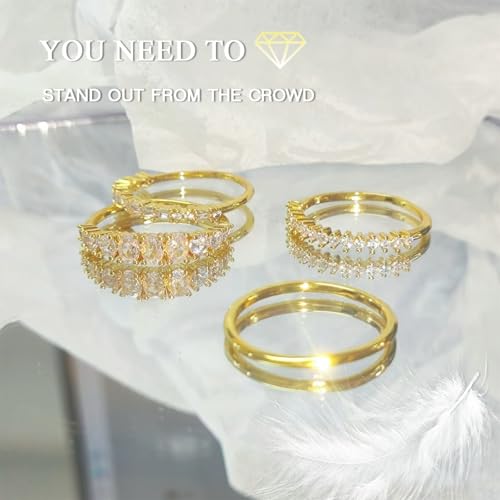 GAUEIOUR 4 Pcs Gold Rings for Women 14K Gold Plated Stacking Copper Rings Set Cubic Zirconia Knuckle Finger Statement Ring Shiny Zircon Ring Jewelry Gifts for Ladies (Size 7)