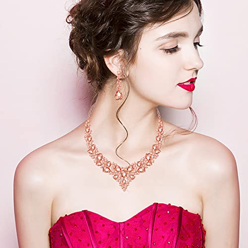 CSY 4 Pcs/Set Austrian Crystal Necklace Earrings Bracelet Ring Bridal Jewelry Sets for Brides Wedding Party Costume Accessories Gifts for Women - color: 02-rose gold-peach