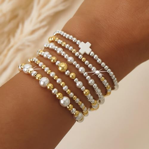 Silver Gold Beaded Bracelets for Women Stackable 14K Gold Plated Beads Ball Cross Bracelet Stack Non Tarnish Elastic Stretch Trendy Jewelry Christian Friendship Christmas Gifts for Women - color: 6pcs-Pearl