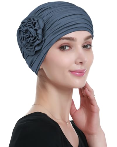 Alnorm Flower Design Chemo Hair Loss Caps Cancer Headwear for Women - color: Dark Blue Gray