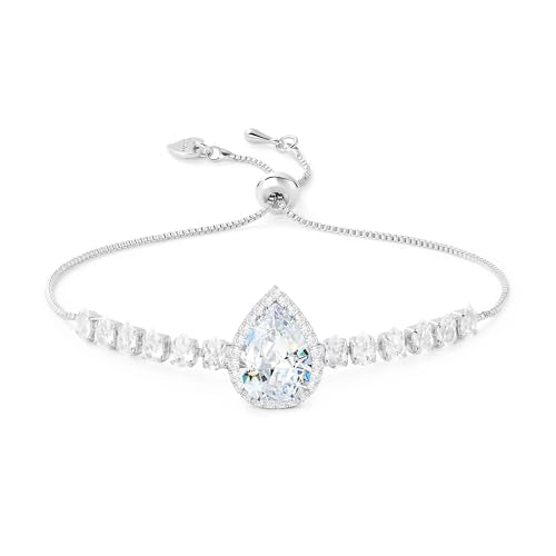 Linawe Crystal Imitation Diamond Rhinestone Charm Bracelets for Women, Gold/Silver/Rose Gold Adjustable Chain Bracelet, Teardrop Birthstone Cubic Zirconia Prom Costume Wedding Jewelry - color: Silver,April