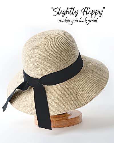 FURTALK Womens Beach Sun Straw Hat UV Protection Travel Packable Foldable Brim Summer UV Hat - color: Pure Beige, size: Large-X-Large