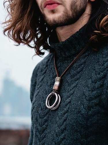 PU Leather Necklace Vintage Boho Style Multilayer Pendant Long Sweater Necklace Jewelry for Women Men with Adjustable Leather Cord - color: Leather Double Rings Necklace