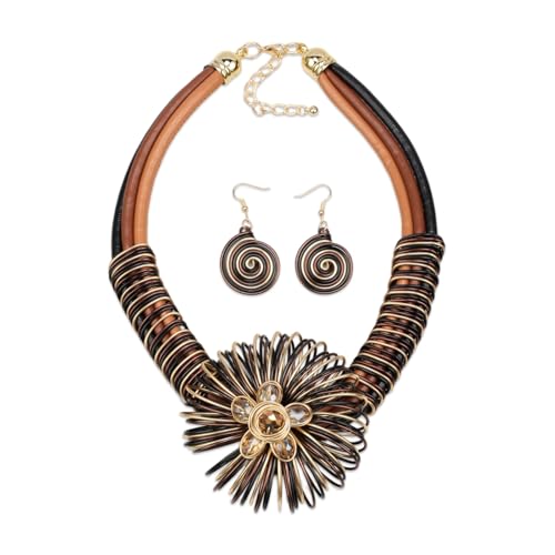 Ethnic Crystal Rhinestone Pendant Necklace Earrings Set Women Handmade Tribal Collar Choker Chunky Metal Bib Rope Chain African Statement Jewelry Set - color: NXR1418-black