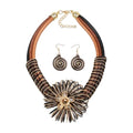 Ethnic Crystal Rhinestone Pendant Necklace Earrings Set Women Handmade Tribal Collar Choker Chunky Metal Bib Rope Chain African Statement Jewelry Set - color: NXR1418-black