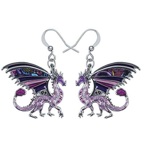 Enamel Alloy Dinosaur Fantasy Dragon Earrings Drop Dangle Unique Animal Jewelry For Women Dragons Gifts - color: Orchid Purple