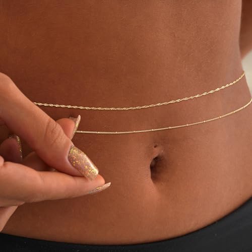 Kyerlyn Body Chain for Women 14K Gold Plated Waist Beads Chain Gold Belly Belt Cuban Layered Body Chains Waterproof Adjustable Sexy Bikini Beach Body Jewelry Daily Belts Gifts for Women 26.5-33Inch - style: Wave+Satellite