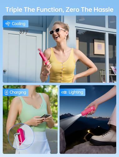 JISULIFE 3 IN 1 Handheld Mini Fan - Portable Fan & Power Bank & Flashlight, 19H Max Cooling, USB Rechargeable, Pocket-Sized for Travel, Cruise, Concerts, Makeup, 2026 Summer Gifts for Women(Fuchsia) - color: Fuchsia
