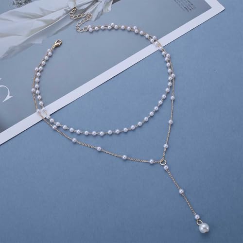 Vintage Pearl Y Lariat Necklace Layered Pearl Choker Necklace Gold Pearl Y Necklace Long Pearl Drop Necklace Wedding Pearl Pendant Necklace Jewelry for Women