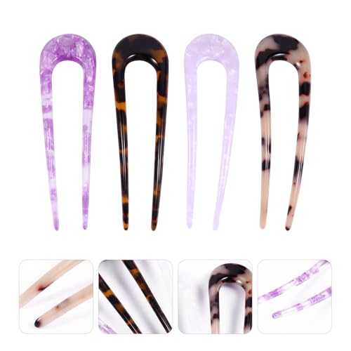 DOITOOL 4pcs U-shaped Acetate Double Prong Hair Pins Hair Fork Bun Holder Clips for Women with Mixed Colors