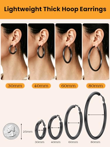 Bestyle 5mm Thick Gold Hoop Earrings Hypoallergenic Hoops for Sensitive Ears Trendy Lightweight Chunky Earrings for Women 30/40/60/80mm - color: 01-Black, size: 30mm