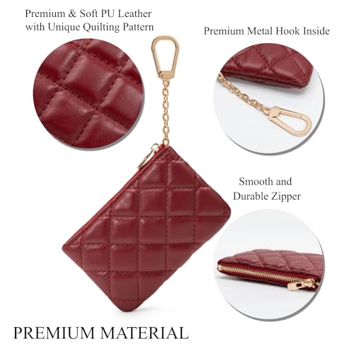 Quilted Faux Leather Coin Purse with Keychain - Small Coin Pouch Key Pouch Small Card Holder Keychain Wallet Change Purse for Women and Men (Wine Red) - color: Wine Red
