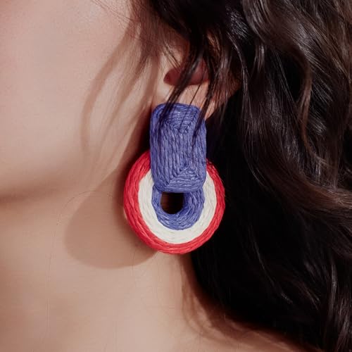 Statement Raffia Earrings Cute Boho Earrings Rattan Dangle Earrings Handmade Straw Wrap Earrings Summer Drop Dangling Earrings for Women Teen Girls - color: White/Red/Blue