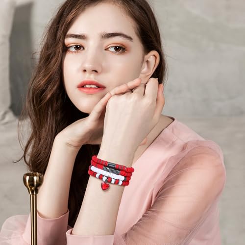 GOOJIDS Surfer Heishi Clay Bead Bracelets for Women Bohemian Stackable Gold Plated Beaded Stretch Bracelets Elastic Layering Friendship Bracelets Set Boho Jewelry - color: A-Red Heart Bracelet