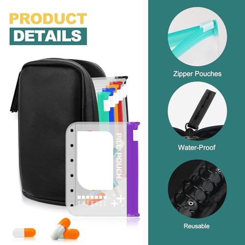 Timueetech A7 Waterproof Pill Organizer with 7 PCS L Size Zippered Pill Pouches for A7 Binder, Large BPA-Free Weekly Medicine Organizer, Color-Coded Reusable Travel Pill Storage System - color: Black
