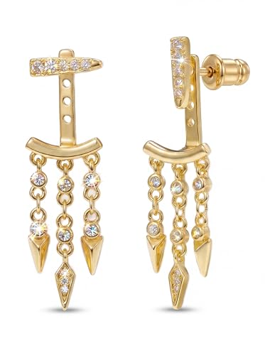 MUMREUES Gold Earrings for Women Trendy 14K Gold Plated Dangle Earrings Small Hoop Huggie Drop Stud Earrings Cubic Zirconia Simple Minimalist Dainty Chain Tassel Hypoallergenic Earrings - color: Jacket & Gold