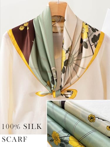 100% Mulberry Silk Scarf for Women Hair Lightweight Square Neckerchief Wrap For Head Scarves 21" - color: 1-yellow Plum Blossom /21"*21"