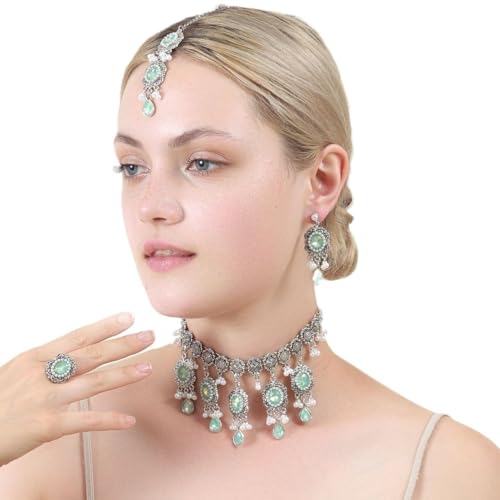 Luxury Waterdrop Rhinestone Pearls Tassel Charm Necklace Earrings Ring Maang Tikka Jewelry 4PCS Set Oxidized Antique Silver Flower Choker Ethnic Indian Retro Crystal Bollywood Bridal Wedding for Women - color: Blue