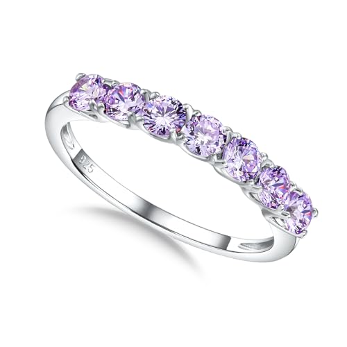 3.5mm Stackable Rings S925 Sterling Silver Created Birthstone & Cubic Zirconia Ring for Women Wedding Bands Anniversary Birthday Jewelry Size 6 to 10(with Box) - color: 06-Created Alexandrite-Jun