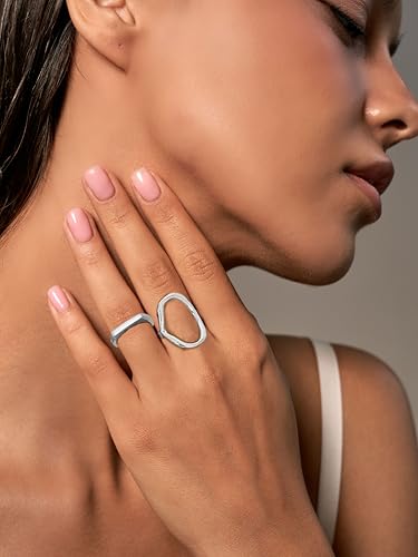 Fxiqini 12Pcs Gold Stackable Rings 18K Gold Plated Chunky Knuckle Finger Ring Geometric Bead Cloud Wave Flower Hollow Statement Bands Signet Open Rings for Women Adjustable Size 4-9 - color: B-Sliver