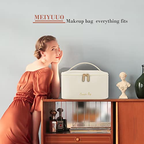 Meiyuuo Makeup Bag Large Cosmetic Bags for Women Girls Cute Travel Zipper Pouch Toiletry Organizer for Beauty Essentials Waterproof (Beige) - color: Light Beige