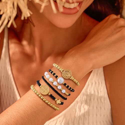 VIBILIA Gold Beaded Bracelets Set for Women 14K Gold Plated Dainty Pearl Cross Bracelet Stack Stretch Bracelet Set Fashion Accessories Gifts - color: 6P-6146K2-Black
