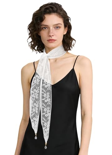GERINLY Solid Color Long Neckerchief Pure Skinny Scarf Necktie for 50's Costume Party Wedding Cosplay Accessory Headband - color: Y-white