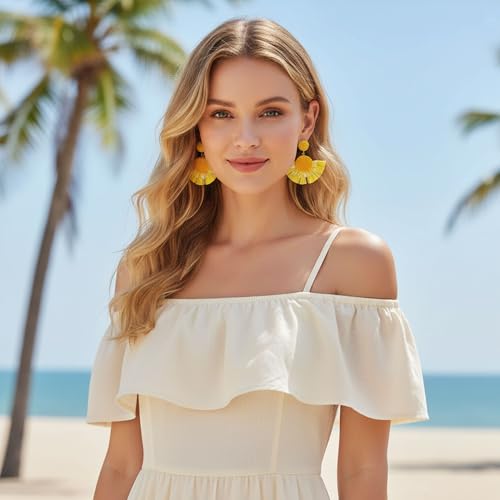 Boho Raffia Floral Fan-Shaped Dangle Earrings, Beaded Textured Statement Earrings with Fringe Detail, Lightweight Drop Earrings for Parties, Vacations and Everyday Outfits