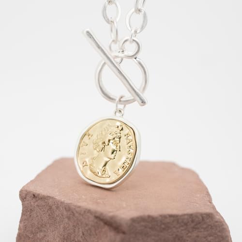 Chunky Gold Coin Pendant Necklace Trendy Layered Statement Chain for Women, Antique Toggle Design with Thick Link, Fashionable Necklaces for Women - color: Sliver/Worn Gold