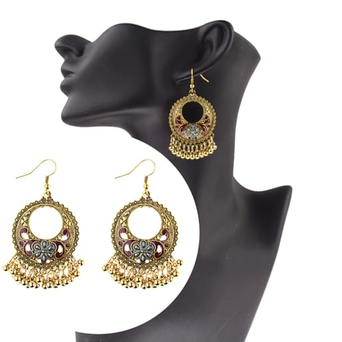 Vintage Boho Statement Drop Dangle Earrings for Women Bohemian Ethnic Handmade Beaded Charms Earring Bohemian Retro Chandelier Tassel Earrings Mexico Gypsy Jewelry Gift - color: O-Gold-Red