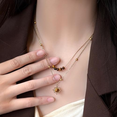 MYANAIL Tigers Eye Stone Sun Pendant Layered Necklaces for Women 14K Gold Maillard Tiger's Eye Beaded Choker Necklace Jewelry Accessory Spiritual Healing Stone Stacked Chain Necklaces - color: Gold