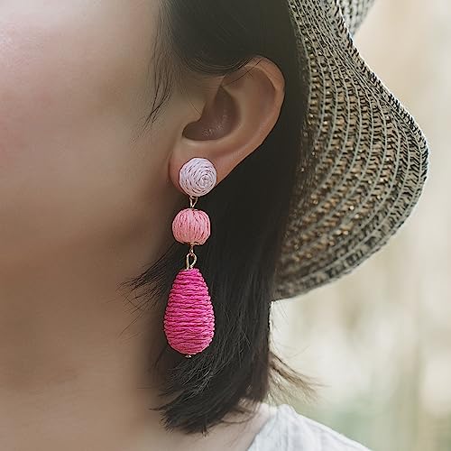 Boho Raffia Earrings Statement Dangle Earrings Cute Teardrop Ball Earrings Colorful Summer Jewelry Handmade Rattan Earrings for Women - color: 3Pink