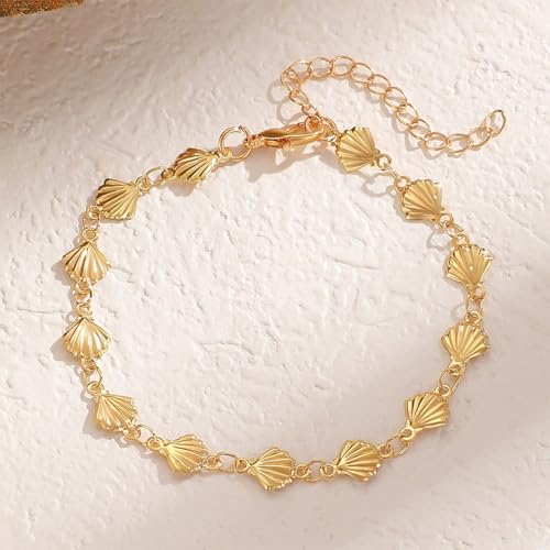 Statement Gold Small Beaded Seashell Chain Bracelet for Women, Dainty Simple Ocean Beach Sea Shell Bracelets Non Tarnish Boho Hawaii Vacation Jewelry