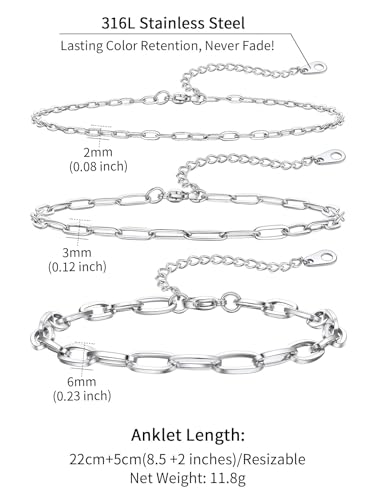 ChainsHouse Ankle Bracelets for Women, Stainless Steel Chain Anklets Waterproof, Women Summer Beach Jewelry Gift, Come with Box - color: 03. 3Pcs-(2+3+6mm)-Paperclip-Steel