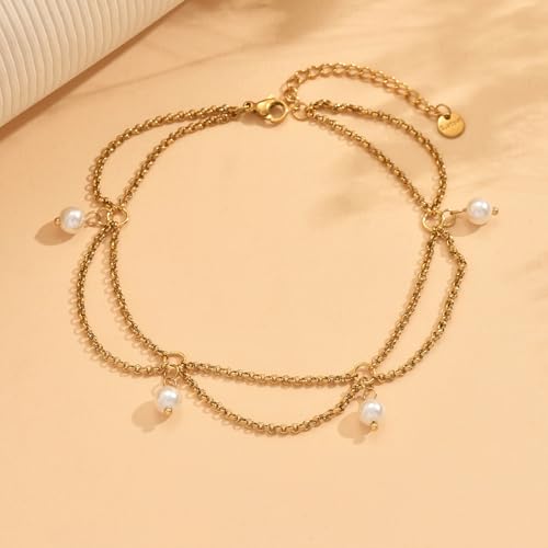 Gold Ankle Bracelets for Women 18K Gold Plated Waterproof Starfish Sea Shell Pearls CZ Diamond Dangle Anklets Trendy Summer Beach Foot Chain Jewelry Gift - style: 4 Pearls Drop-Gold