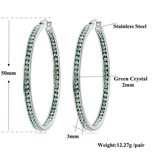 CiNily Mult-colors Crystal Stainless Steel Hoop Earring for Women Hypoallergenic Jewelry for Sensitive Ears Large Big Hoop Earrings 2" - color: Green