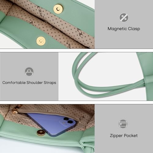 KKXIU Tote Bag for Women Vegan Leather Shoulder Purse Large Capacity Travel Bag - color: Light Green