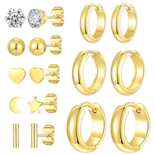 Silver Gold Plated Surgical Steel Flat Back Earrings for Women Hypoallergenic 14K Gold Plated Stud Huggie Earring Set Fashion Shell Cubic Zirconia Flatback Studs Cartilage Earrings Pack for Multiple Piercing 5/8Pairs - color: 8 Pairs Gold Plated Huggie/Ho