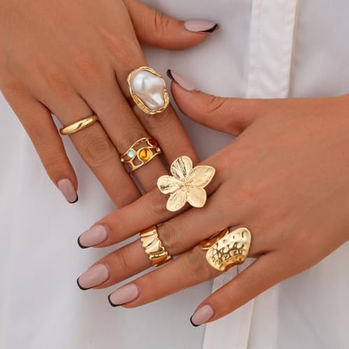 Chunky Rings for Women Adjustable Thick Rings Set Trendy Statement Stackable Ring for Women Chunky Jewlery Irregular Dome Flower Finger Knkuckle Thumb Ring - style: Style 1