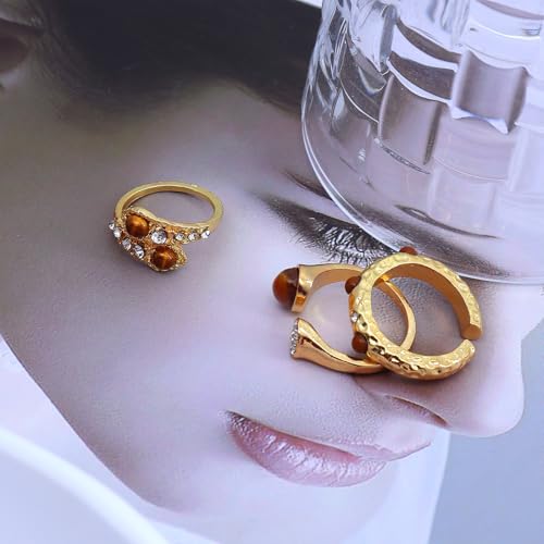 3Pcs Tiger Eye Stone Rings Set,Vintage Tiger Eye Stone Knuckle Rings,Sparkling Rhinestone Adjustable Rings Brown Jewelry