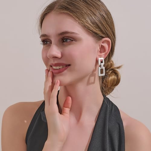 MUYAN Gold Silver Geometric Drop Dangle Earrings for Women Brushed Link Square Dangle Earrings Trendy Jewelry - color: B Silver