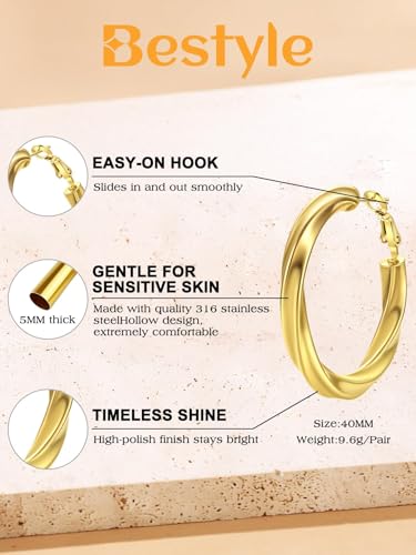 Bestyle 5mm Thick Gold Hoop Earrings Hypoallergenic Hoops for Sensitive Ears Trendy Lightweight Chunky Earrings for Women 30/40/60/80mm - color: 02-Gold, size: 40mm