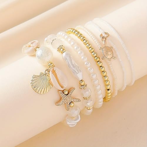 Beach Bracelets for Women Bohemian Stackable Heishi Surfer Bracelet Set Elastic Seashell Starfish Boho Friendship Bracelets for Summer Beach Party Holiday Vacation Jewelry - color: 7PCS-Gold Starfish/Turtle/Seashell