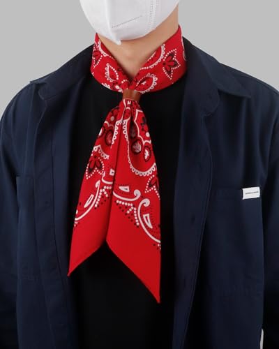 27.5 Inches Western Bandana Scarf With Leather Scarf Buckle, 100% Cotton Neck Scarf for Men Cowboy Scarves - color: Black+red+navy