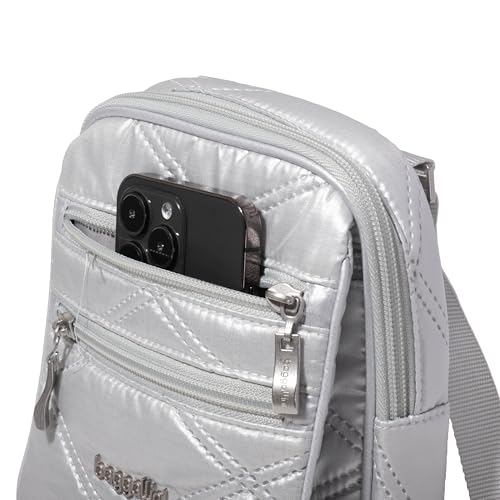 Baggallini Journey Crossbody Bags for Women 9x6 Small Lightweight Travel Handbag W/RFID - color: Silver Metallic Quilt