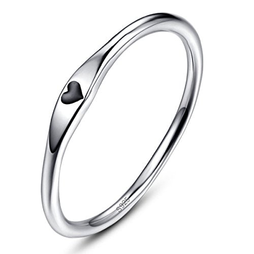 925 Sterling Silver Heart Ring for Women, 1mm Ultra Thin 14K Plated Gold Hypoallergenic Wedding Band with Black/Yellow/Red/Blue/Pink Love, Promise Stack Travel Jewelry Gifts Size 5-10 - color: A-Silver-Black