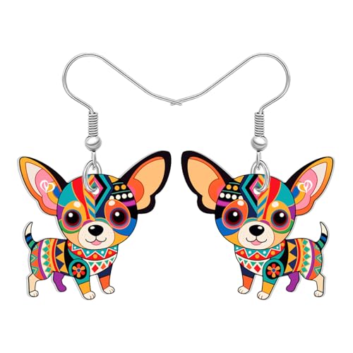 BONSNY Colorful Cute Chihuahua Dangle Earrings Mexican Folk Art Style Dog Pets Design Gifts for Chihuahua Lovers Women Fun Hypoallergenic Jewelry Accessories - color: Multicolor