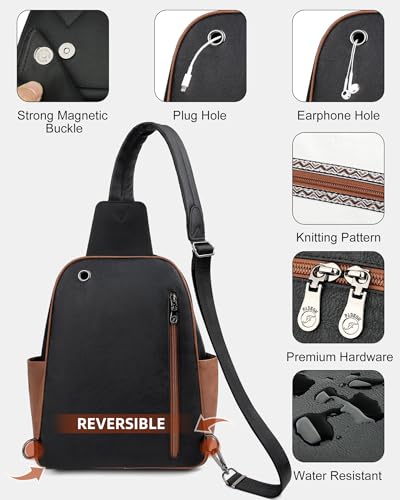 FADEON Large Sling Bag for Women, Leather Crossbody Purse Designer Anti Theft Sling Backpack, RFID Fanny Packs for Travel - color: Black-beige-brown Retro Style